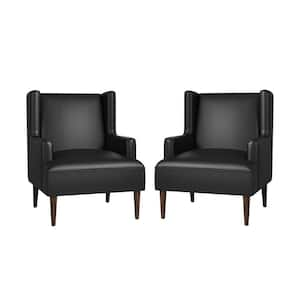 Jeremias Black Vegan Leather Accent Chair Set of 2 with Solid Wood Legs