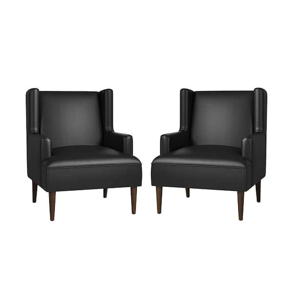 JAYDEN CREATION Jeremias Black Vegan Leather Accent Chair Set of 2 with Solid Wood Legs