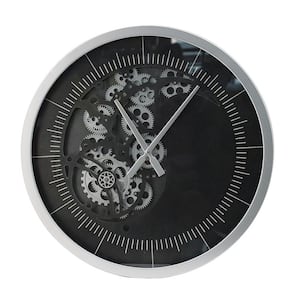 Silver and Black Analog Metal with Decorative Gear Design Wall Clock