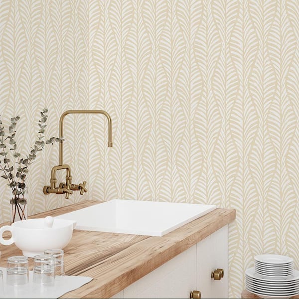 White Clay Block Print Leaves Vinyl Peel and Stick Wallpaper Roll (Covers 28 sq. ft.)