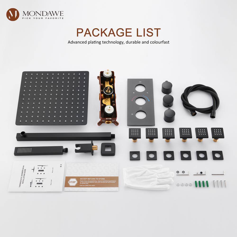 Matte Black 12-Inch Stainless Steel Multi-Head Wall Mounted Shower System