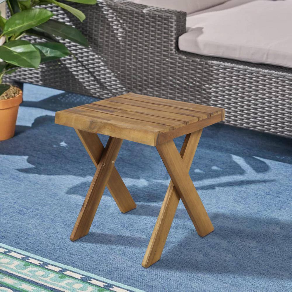 Sandblasted Teak Acacia Wood Cross Base Side Table
