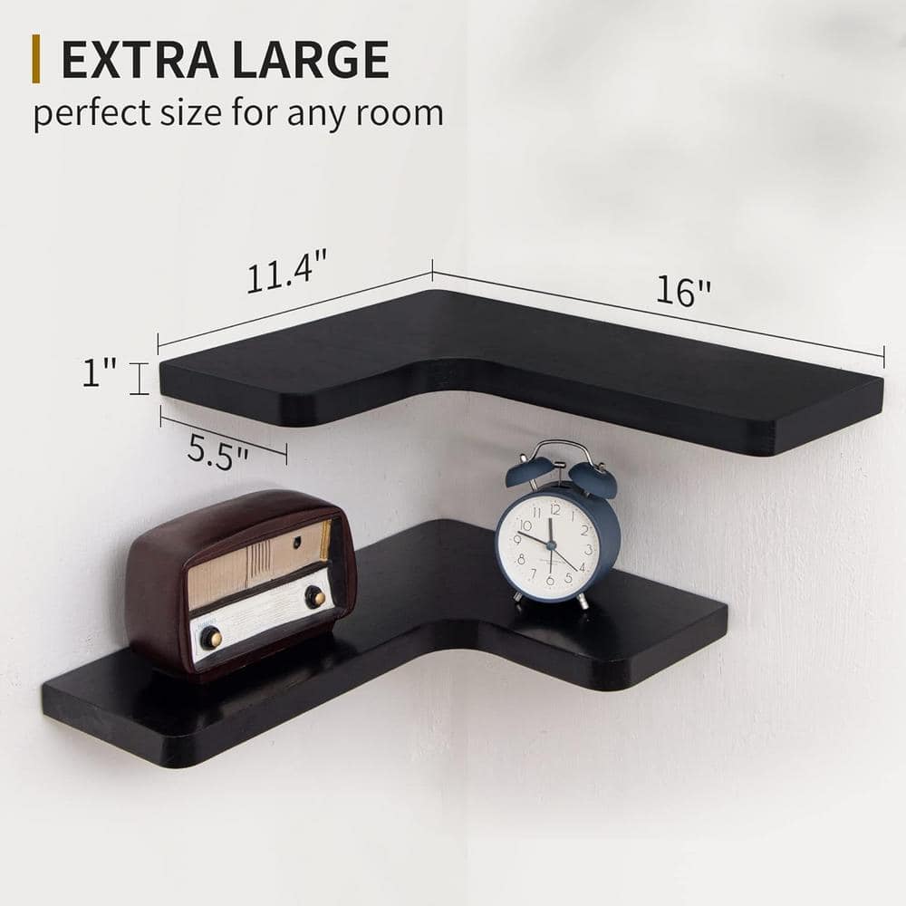 Black Wood 3-Tier Corner Floating Wall Shelves