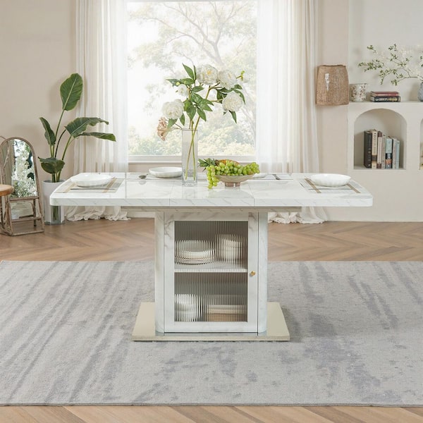Galen Modern White Faux Marble 47.24 to 63 in. Extendable Pedestal Dining Table Seats 4 with Storage Cabinet Base