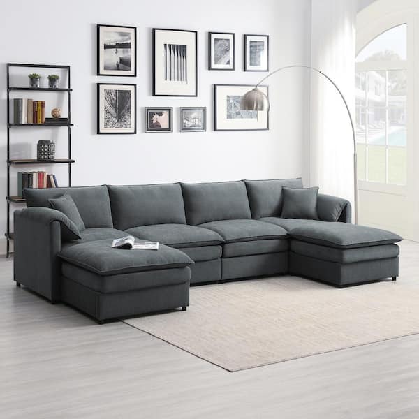 Harper & Bright Designs 134 in. Pillow Top Arm 6 Seat U-Shape Chenille Sectional Sofa in Dark Gray with Double Cushions, 2 Ottomans