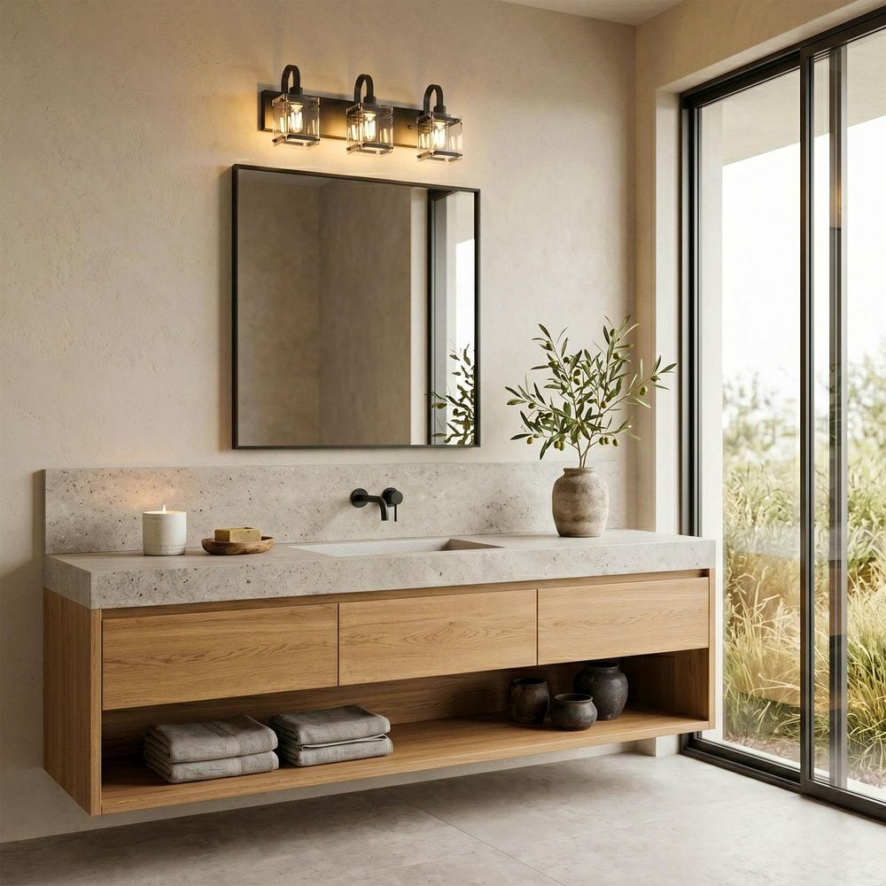 24 in. 3-Light Matte Black Modern Rectangular Metal Vanity Lights Fixture with Clear Glass Shades for Bathroom price history on PriceWatchPro