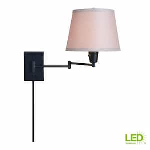 1-Light Oil Rubbed Bronze Swing Arm Lamp with Fabric Shade with LED Bulb
