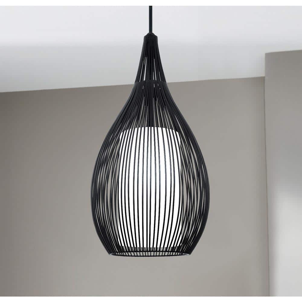 Razoni 59'' Black Metal Cast Cage Mini Pendant with Opal Glass