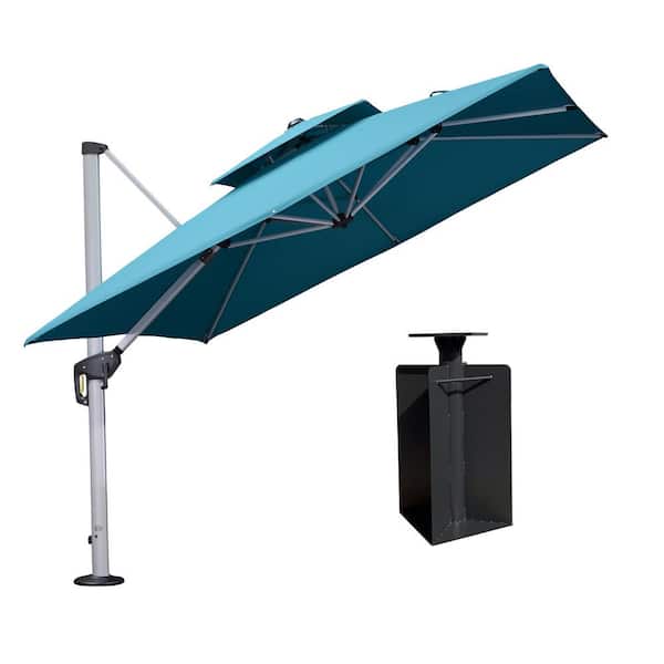 PURPLE LEAF 9 ft. Square High-Quality Aluminum Cantilever Polyester Outdoor Patio Umbrella with Base in Ground, Turquoise Blue