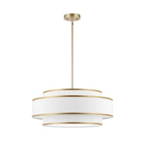 4-Light Gold Tiered Drum Shaded Chandelier with White Fabric Shade