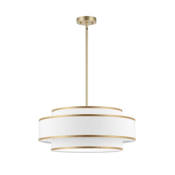 MLiAN 4-Light Gold Tiered Drum Shaded Chandelier with White Fabric Shade