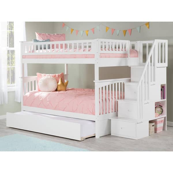 AFI Columbia Staircase White Full Over Full Bunk Bed with Twin Urban Trundle Bed
