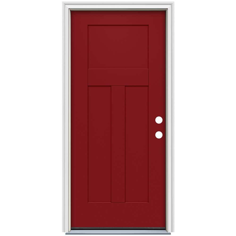 34 in. x 80 in. 3-Panel Craftsman Cranberry Red Painted Steel Prehung Left-Hand Inswing Front Door with Brickmould