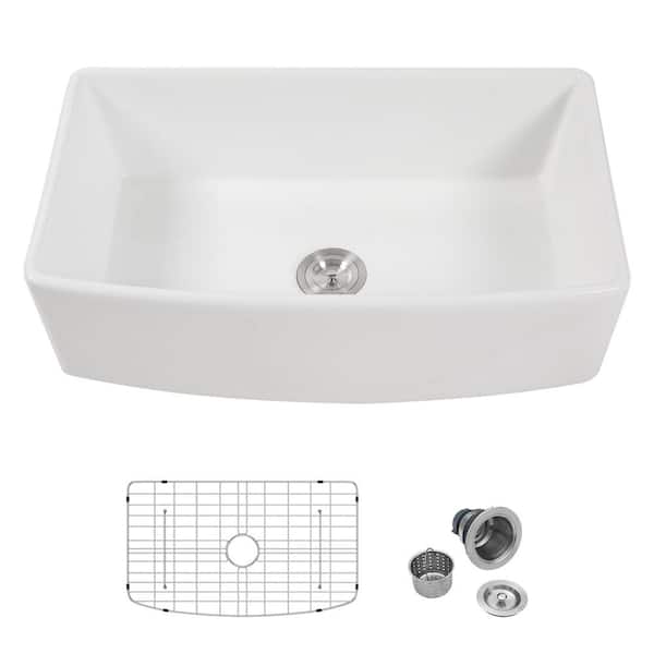 Sarlai 33 in. Farmhouse/Apron-Front Single Bowl Glossy White Ceramic Round Corner Under Mount Kitchen Sink with Bottom Grid