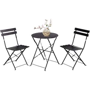 3-Piece Steel Frame Round Table Patio Outdoor Bistro Dining Set, Foldable Patio Table and Chairs Furniture, Black