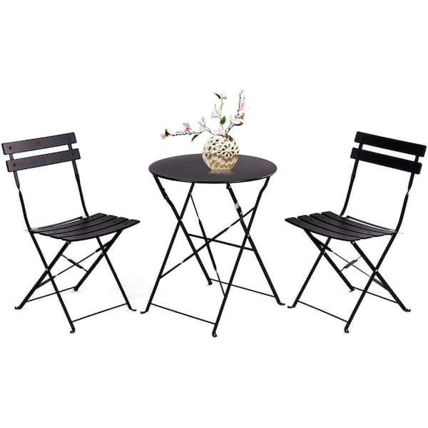 Yangming 3-Piece Steel Frame Round Table Patio Outdoor Bistro Dining Set, Foldable Patio Table and Chairs Furniture, Black