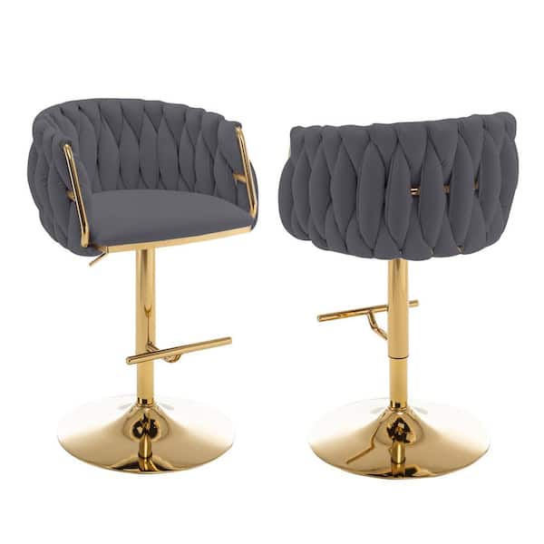 Best Quality Furniture Earl 25 in. 33 in. Upholstered Dark Grey Low Back Gold Metal Frame Adjustable Bar Stool With Velvet Fabric (Set of 2)