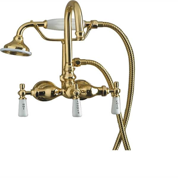 Pegasus 3-Handle Claw Foot Tub Faucet with Gooseneck Spout and Hand Shower in Polished Brass