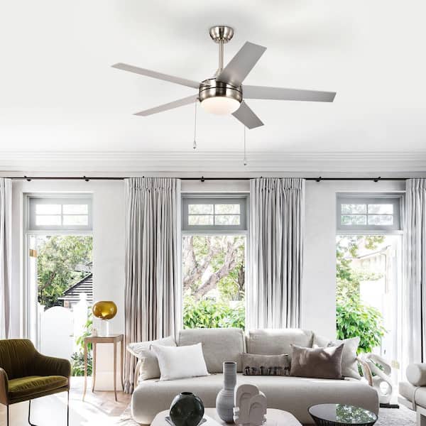 52 in. Brushed Nickel 3-Speed Indoor Modern Style Downrod Mount DC Motor Ceiling Fan with LED Light Kit and Pull Chain