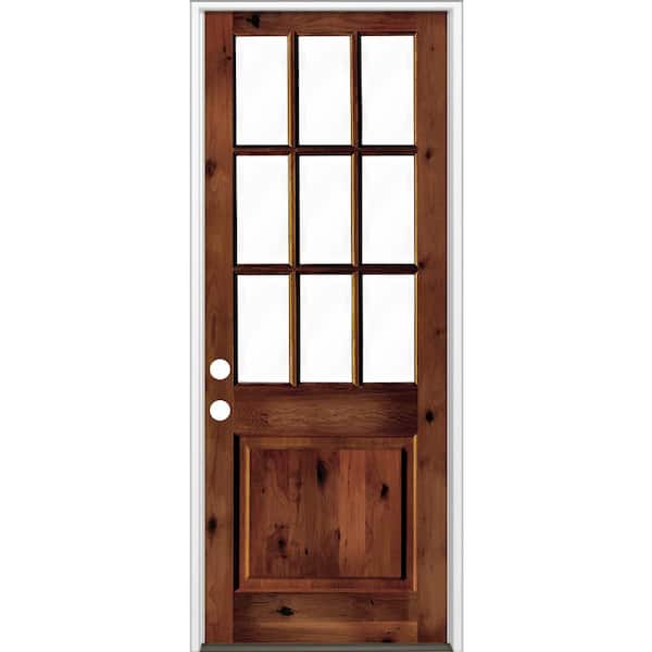 Krosswood Doors 42 in. x 96 in. Rustic Knotty Alder Clear Low-E Glass 9-Lite Red Chestnut Stain Right Hand Single Prehung Front Door