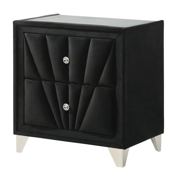 Champagne Wood Contemporary Nightstand with Crystal-Like Trim - Textured Front - and Multiple Storage Drawers - 2-Drawer