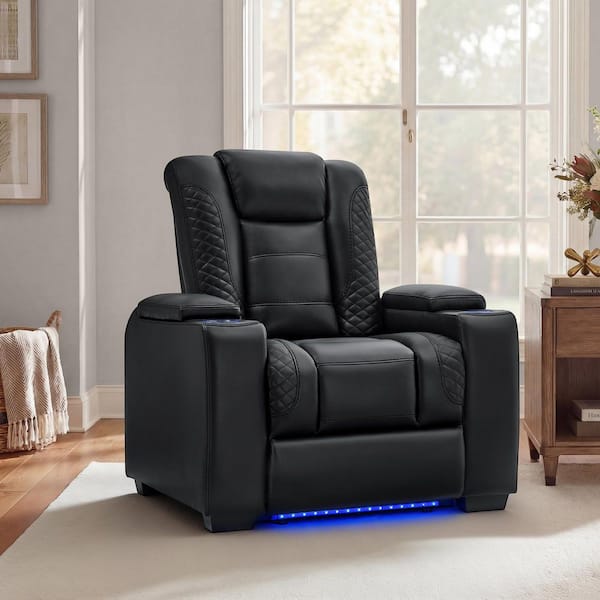 Ulric Black Faux Leather Power Home Theater Recliner with Hidden Storage Compartments, Cup Holders & Ambient Lighting