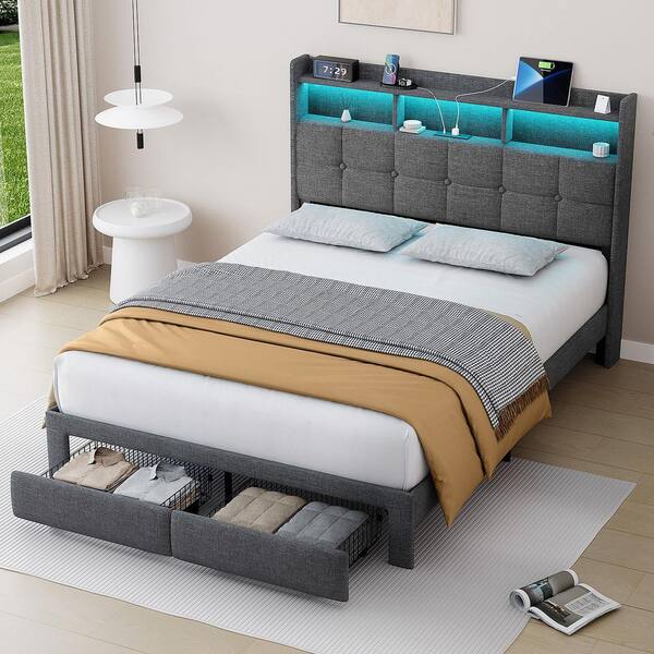 Light Gray Wood Frame Queen Size Upholstered Platform Bed with LED Lights, Charging Station, Headboard and 2-Drawers