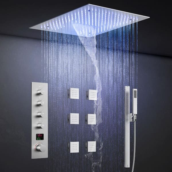 RGB LED And Temp with Valve 15-Spray Ceiling Mount 16 in. Fixed and Handheld Shower Head 2.5 GPM in Brushed Nickel