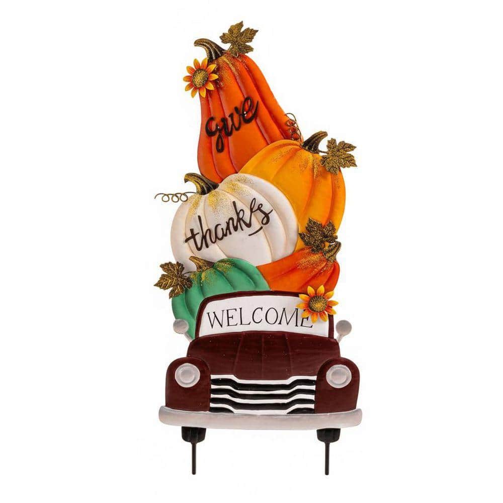 Unbrand Fall Pumpkin Truck Metal Garden Stake 3-Tiered Autumn Harvest ...