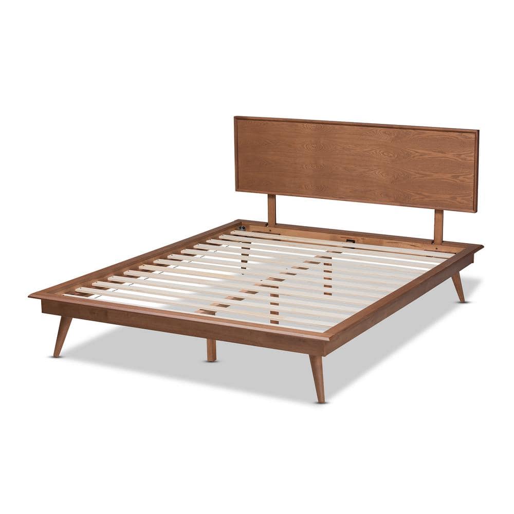 Mid-Century Modern Walnut Brown Queen Bed with Wood Slats