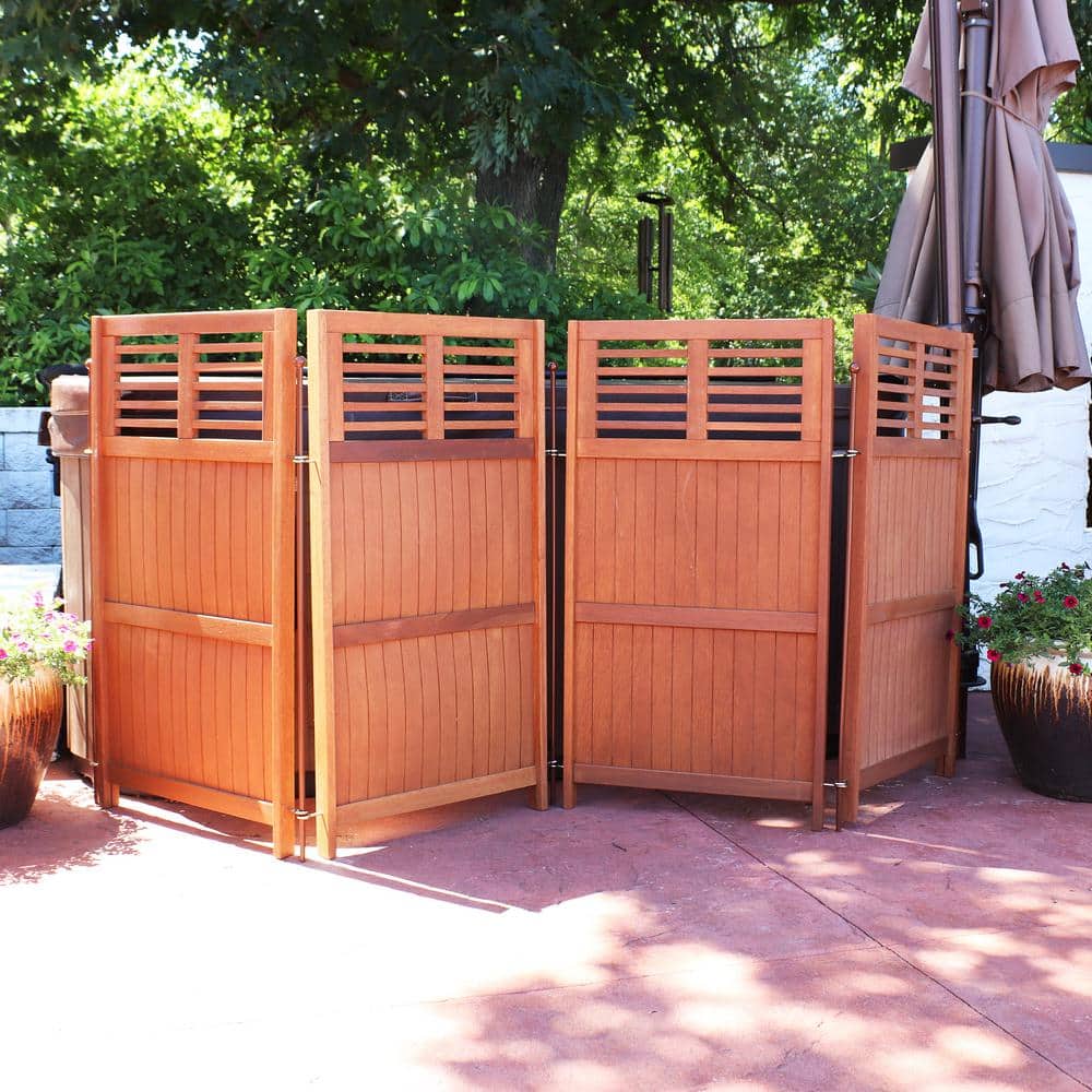 Brown Meranti Wood Folding Outdoor Privacy Screen with Teak Oil Finish