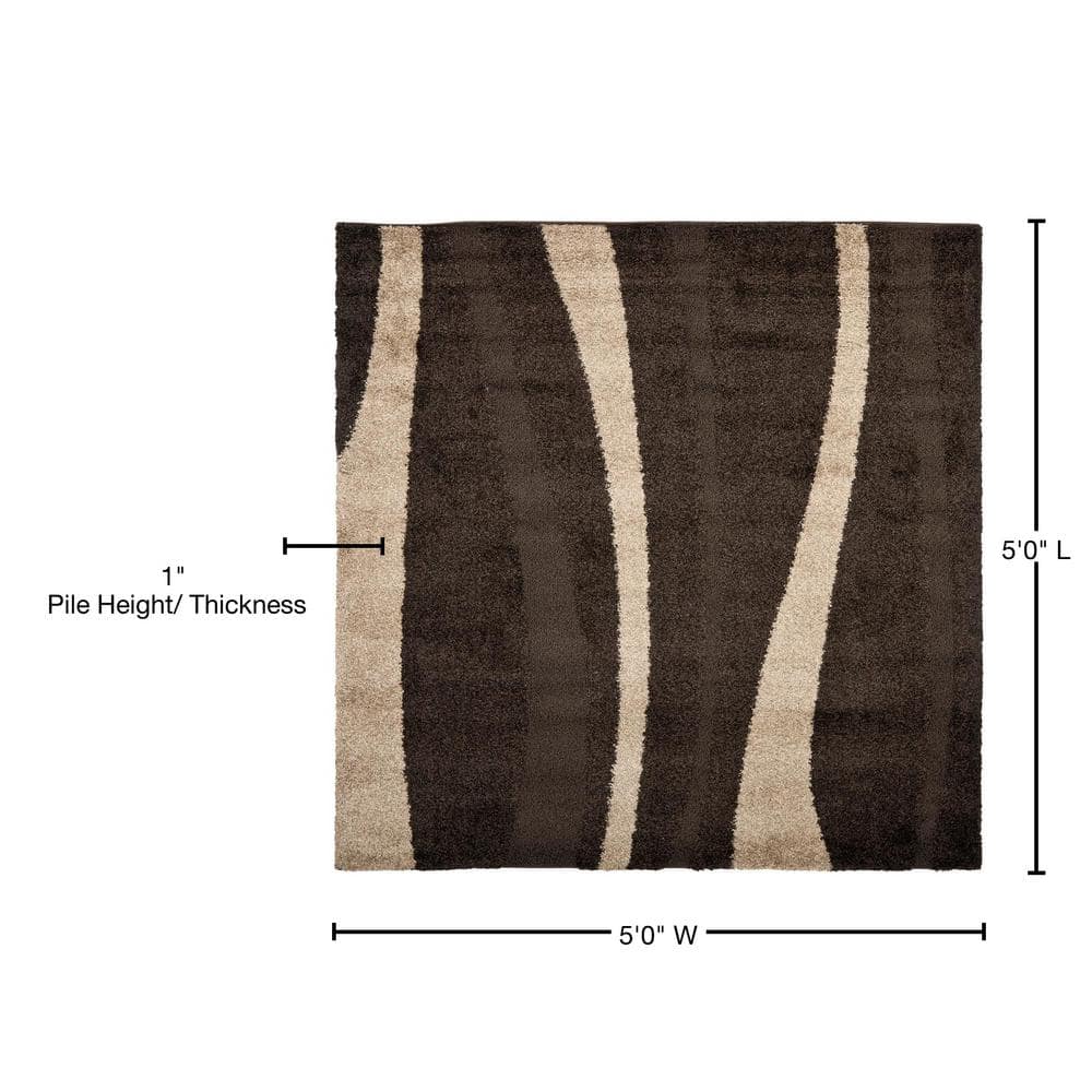 Luxurious Dark Brown and Beige Square Shag Rug, 5' x 5'