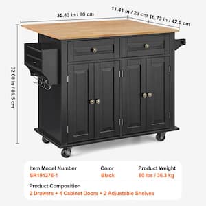 Kitchen Island Cart Rolling Storage Cabinet on Wheel, Kitchen Cart with Drawer and Shelves, Solid Rubber Wood, Black