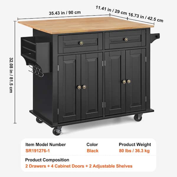 Natural Wood Kitchen Island Cart Rolling Storage Cabinet on Wheel with Drawer and Shelves, Solid Rubber Wood, Black