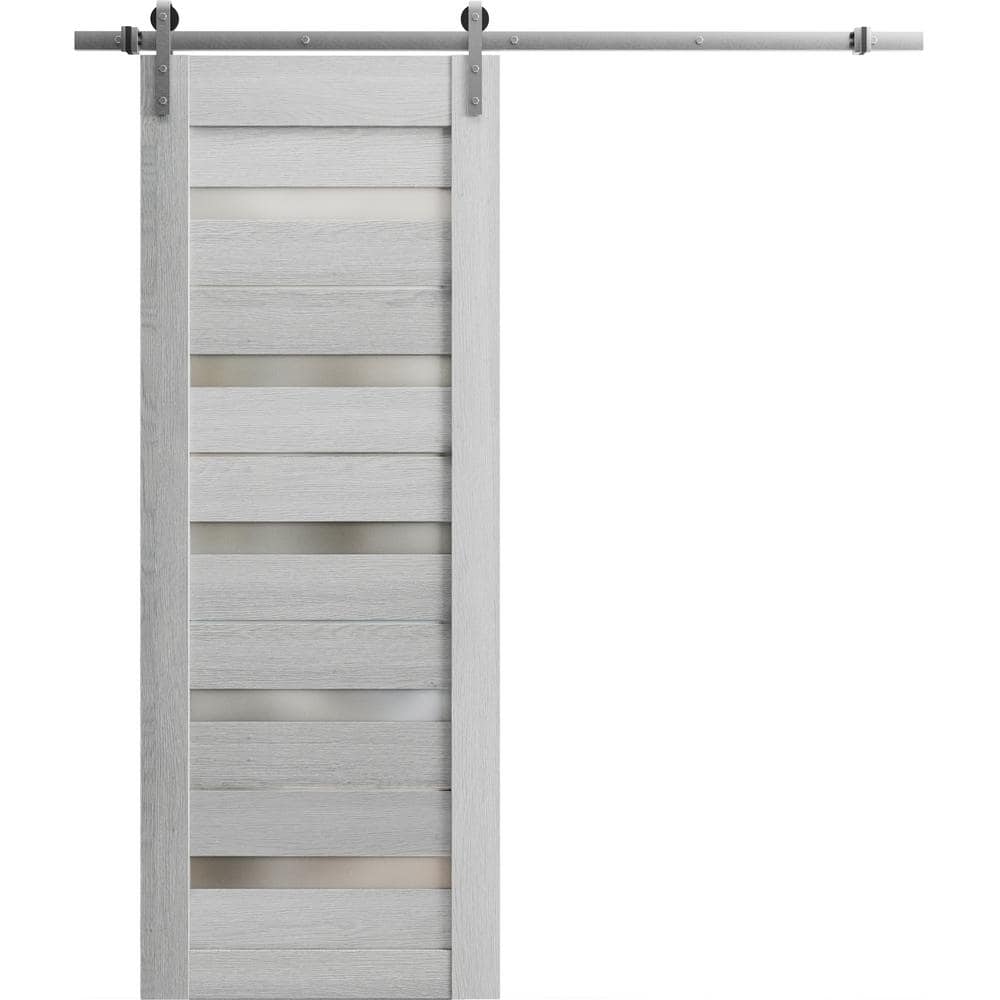Assembly Required 24 in. x 84 in. 1-Panel Frosted Glass Light Grey Oak Wood Solid MDF Sliding Barn Door w/ Hardware Kit price history on PriceWatchPro