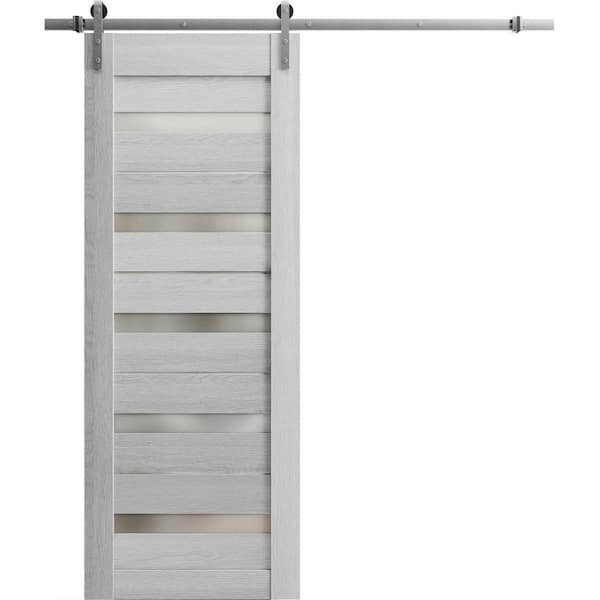 Sartodoors 28 in. x 80 in. 1 Panel Frosted Glass Light Grey Oak Solid MDF Sliding Barn Door with Hardware Kit