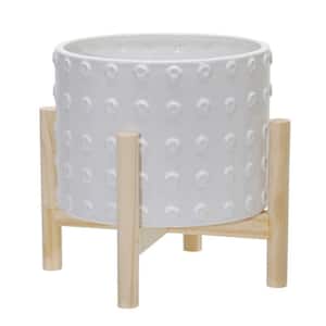 8 in. White Ceramic Planter with Dotted Planter and Wooden Stand