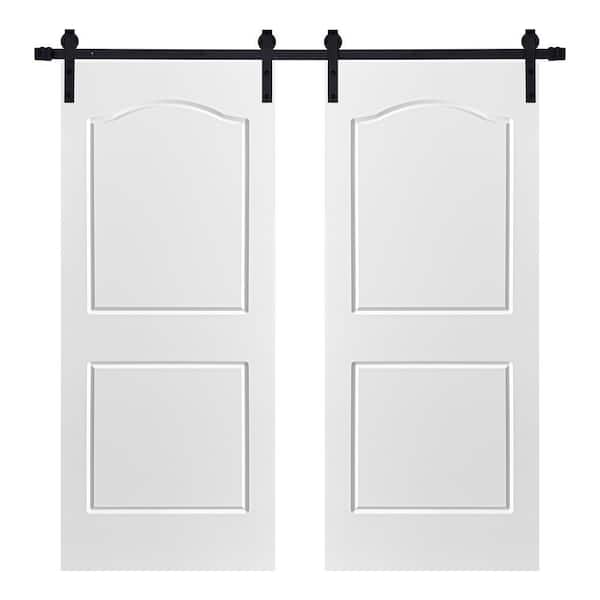 Modern 2 Panel Archtop Designed 64 in. x 84 in. MDF Panel White Painted Double Sliding Barn Door with Hardware Kit