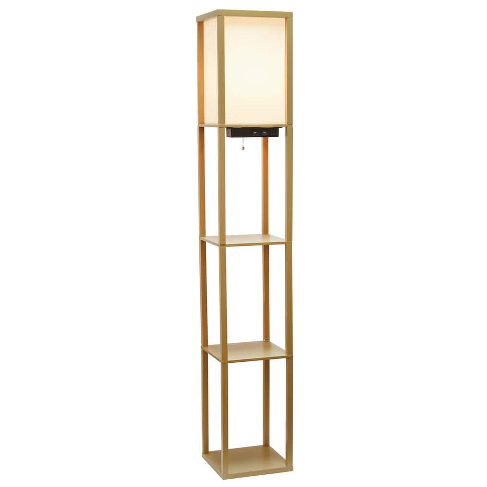 Tan Wood Floor Lamp with Shelves and Linen Shade
