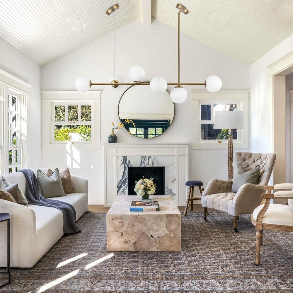 Modern Brass Linear Sputnik Chandelier with Milk Glass Shades