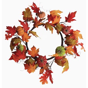 22 in. Burlap Pumpkins with Maple Leaves Wreath 7993 - The Home Depot