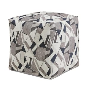 Blue and Grey Tone Geometric Pattern Upholstered Square Pouf Ottoman