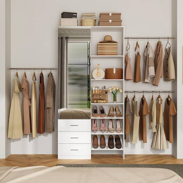 FUFU&GAGA White 149.6 in. W Closet Organizer with Mirror Drawers Extendable Hanging Rods Wardrobe Cabinet Clothing Storage