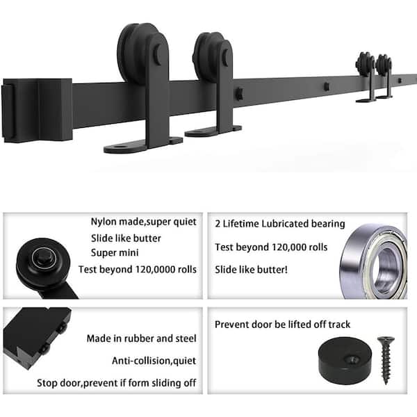 6.6 ft./79 in. Black Steel Sliding Barn Door Track and Hardware Kit for Double Doors with Floor Guide 6.6 ft./79 in. Black Steel Sliding Barn Door Track and Hardware Kit for Double Doors with Floor Guide