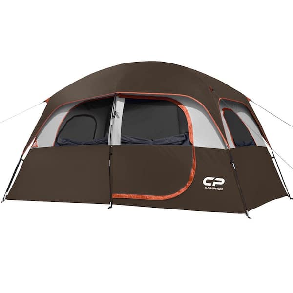Unbranded Brown Polyester Camping Tent Portable Easy Set Up Family Tent with Windproof Fabric Cabin for Backpacking,