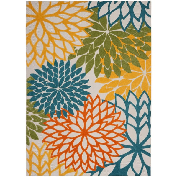 Nourison Aloha Turquoise Multicolor 9 ft. x 12 ft. Floral Contemporary Indoor/Outdoor Patio Area Rug