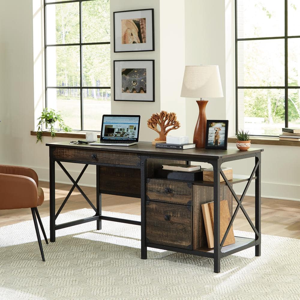 Brown Wood Computer Desk with Drawer and Filing Cabinet