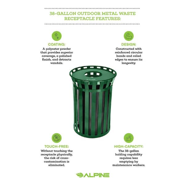 Alpine Industries 38 Gallon Outdoor Metal Slatted Trash Can with Rain Bonnet Lid