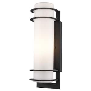 Zephyr 16.25 in. 1-Light Black Cylinder Outdoor Wall Light Fixture with Frosted Glass