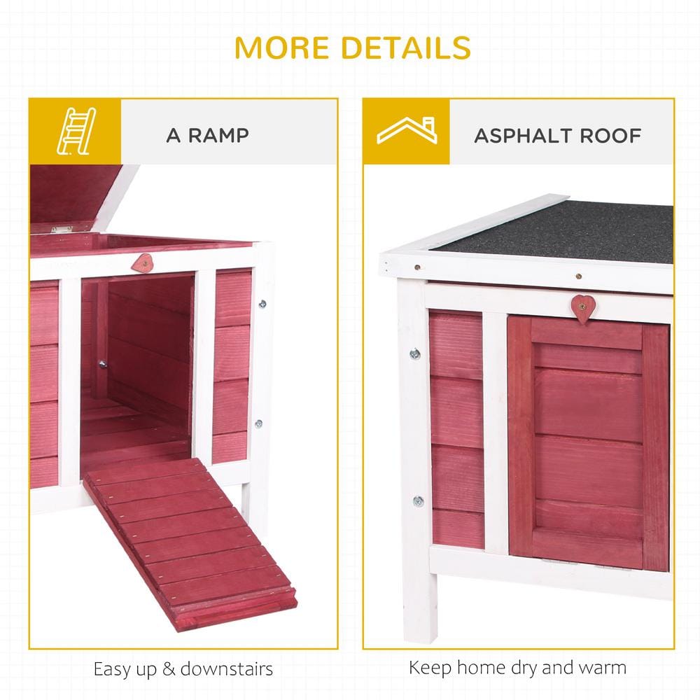 Red and White Wooden Guinea Pig House with Ramp and Roof